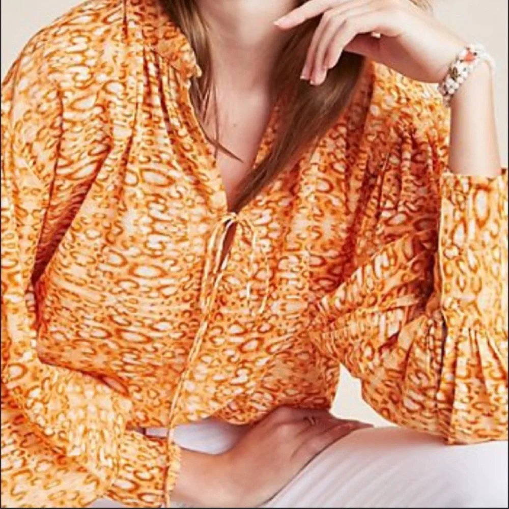 Anthropologie Kinga Csilla Sera Cropped Blouse in Orange Leopard Print - 2